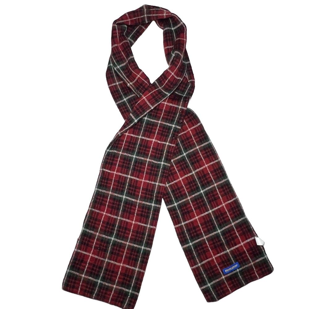 PENDLETON WOOL Distressed/Holes SCARF RED PLAID 100% MERINO WOOL  8x74”